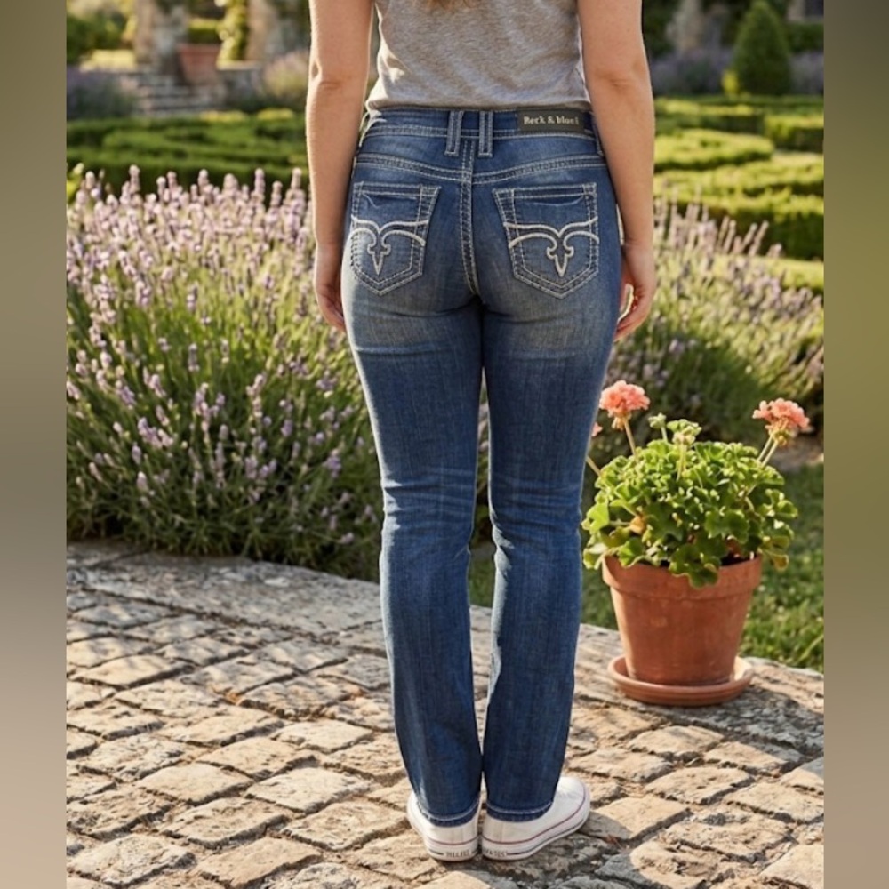 Rock Revival Women's Dark Blue Bootcut White Embroidered Pockets size 28